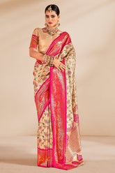 South Indian Pink & Cream Contrast Pure Dharmavaram Silk Designer Saree